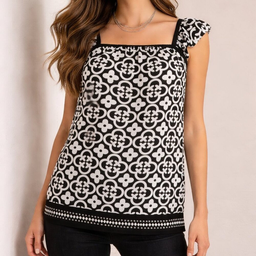 Women’s Black and White Patterned Square Neck Blouse | Size Small